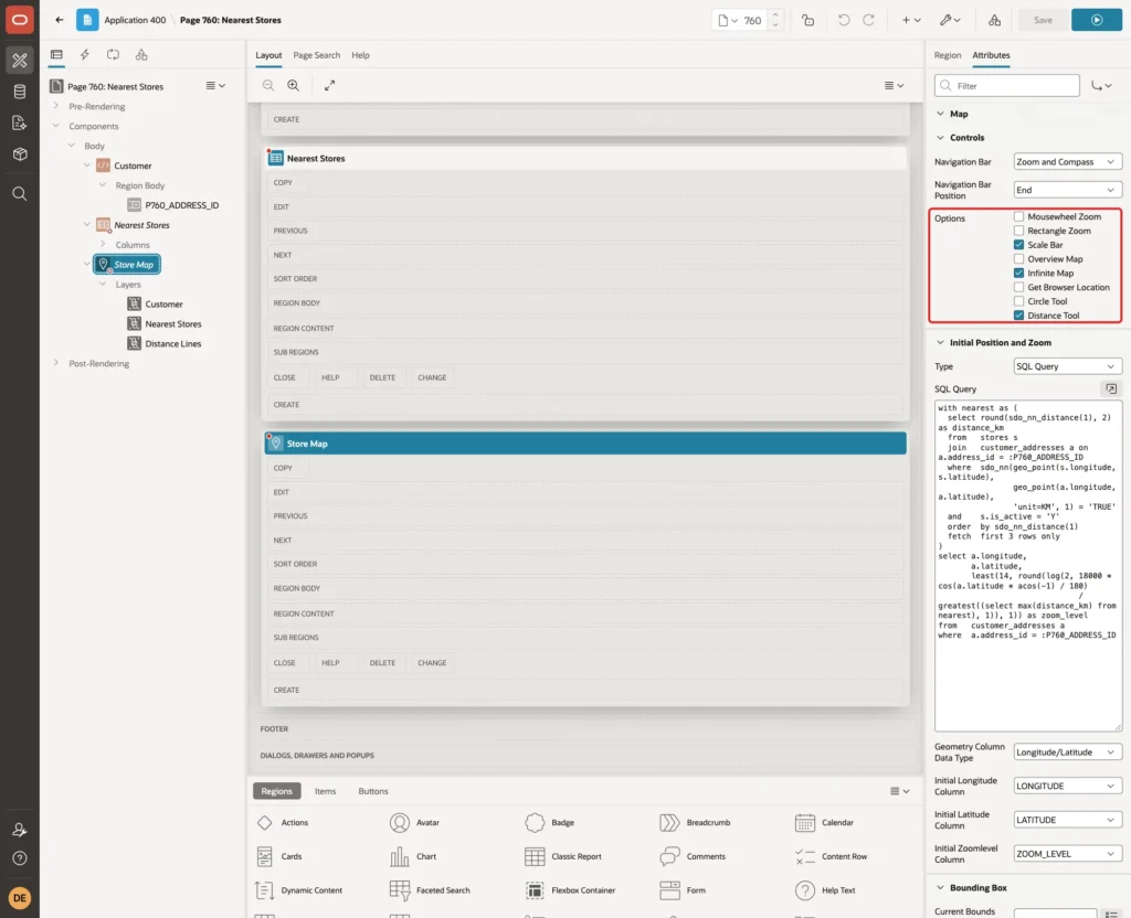 Controls Options with Scale Bar, Infinite Map and Distance Tool checked marked with a red box