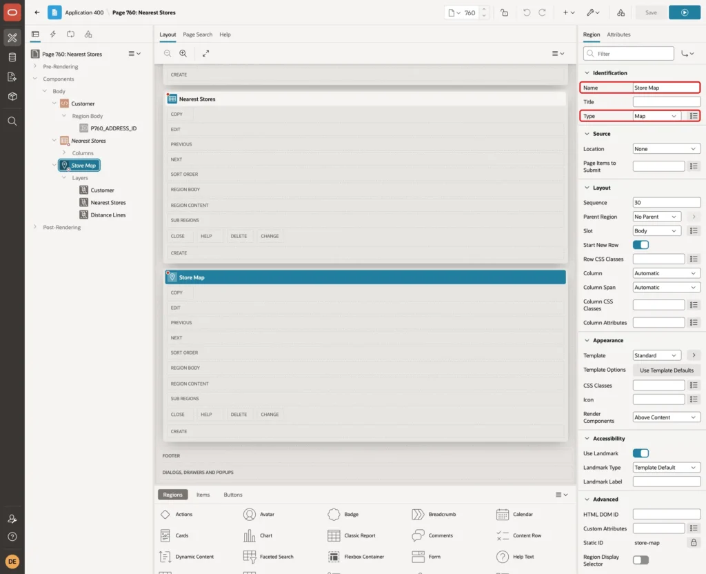 Region Store Map with Name, Type Map and Server-side Condition Item is NOT NULL P760_ADDRESS_ID marked with red boxes