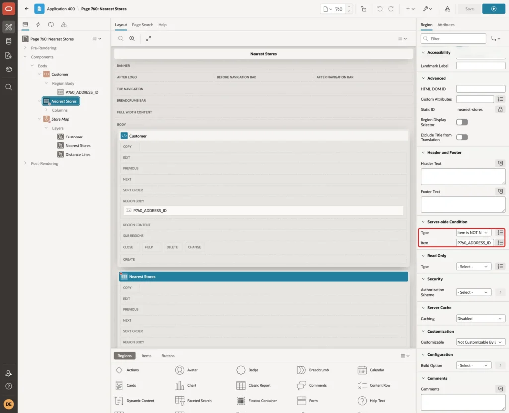 Server-side Condition Type Item is NOT NULL and Item P760_ADDRESS_ID marked with a red box