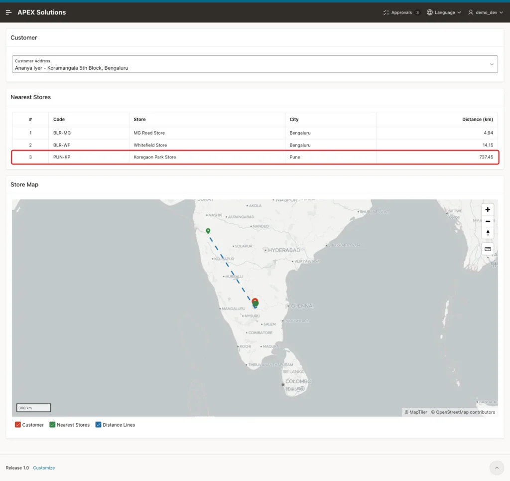 Nearest Stores for Ananya Iyer with the third row PUN-KP Koregaon Park Store Pune 737.45 km marked with a red box, and the map of south India