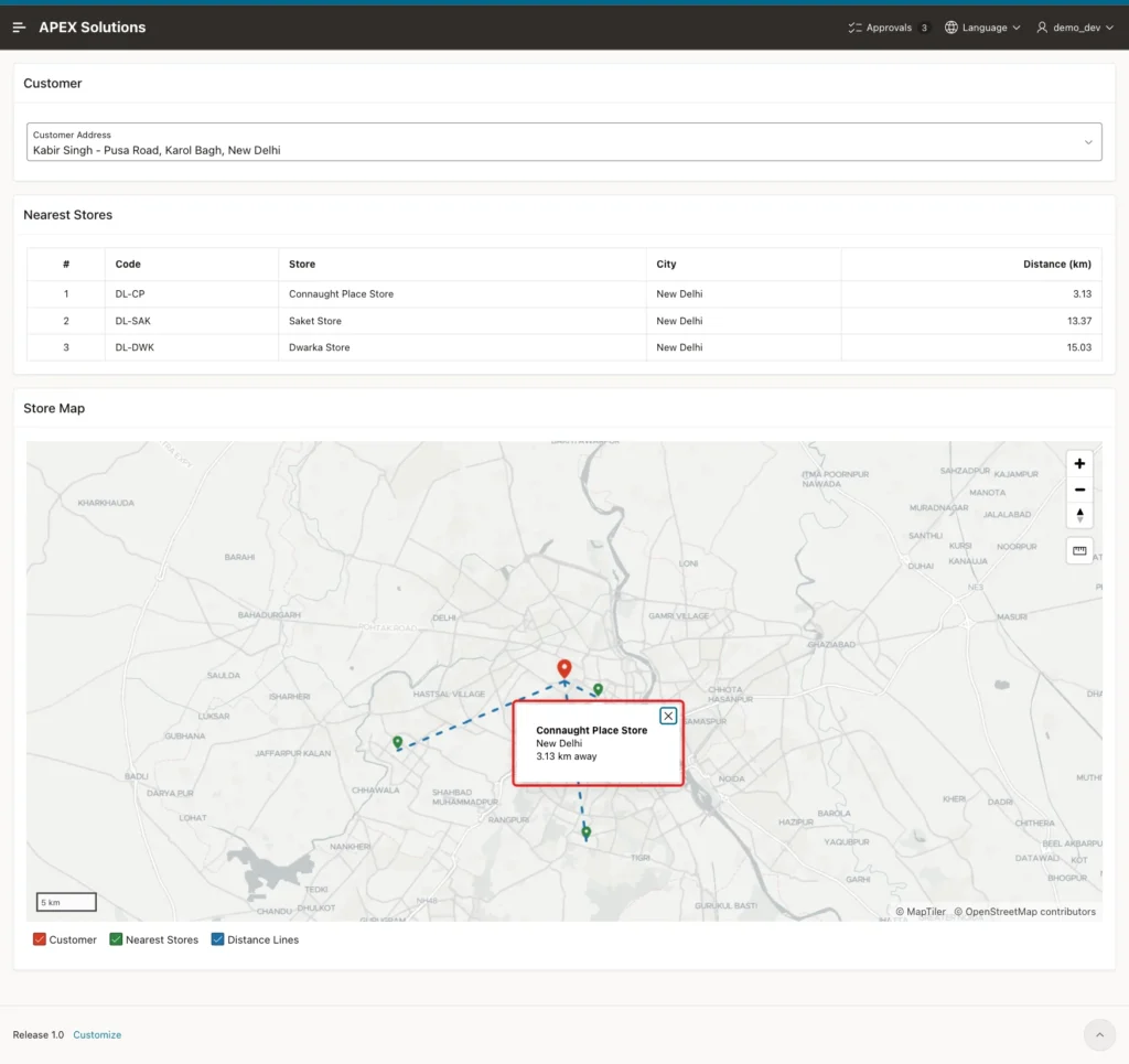 Map popup Connaught Place Store, New Delhi, 3.13 km away marked with a red box