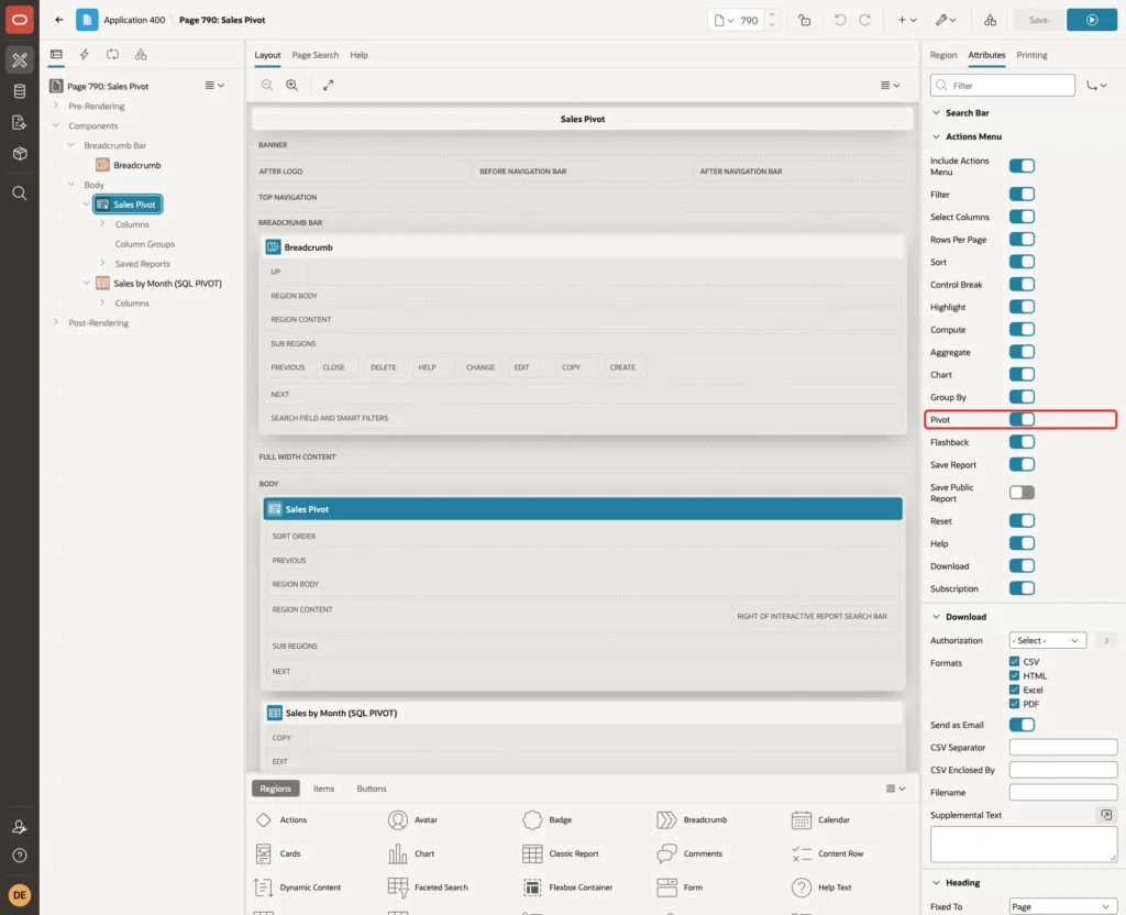Attributes tab of the Sales Pivot region with the Pivot switch under Actions Menu marked with a red box