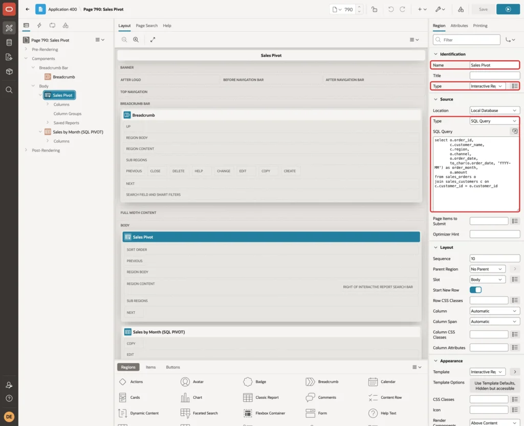 Page Designer with region Sales Pivot, Type Interactive Report, Source Type SQL Query and the query marked with red boxes
