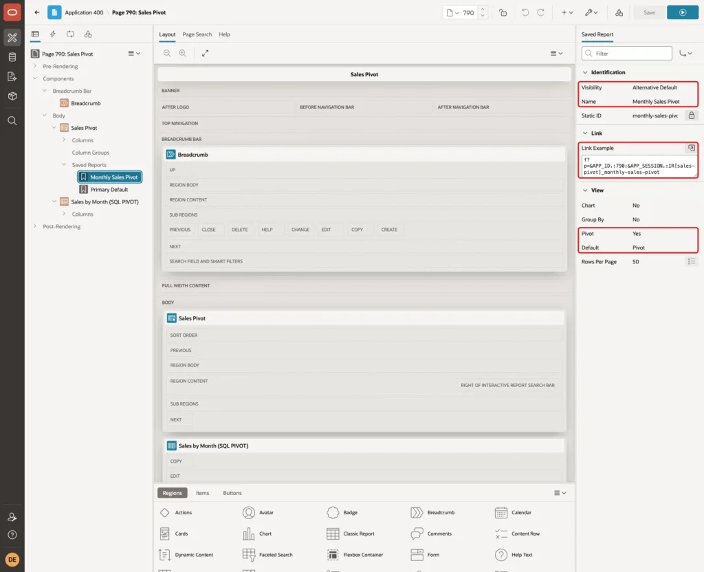 Page Designer saved report Monthly Sales Pivot with Visibility Alternative Default, Name, Link Example and View Pivot Yes, Default Pivot marked with red boxes