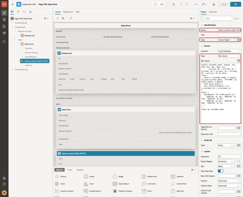 Page Designer with region Sales by Month (SQL PIVOT), Type Classic Report, Source Type SQL Query and the PIVOT query marked with red boxes