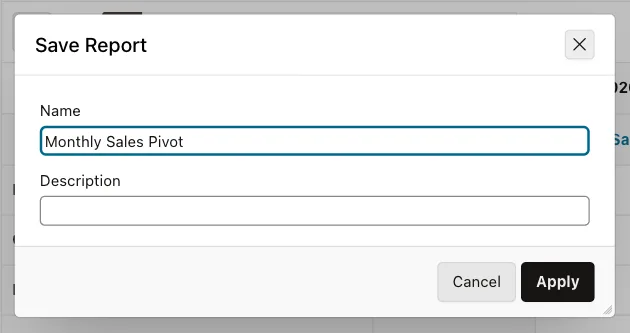 Save Report dialog for sales_user with only the Name and Description fields