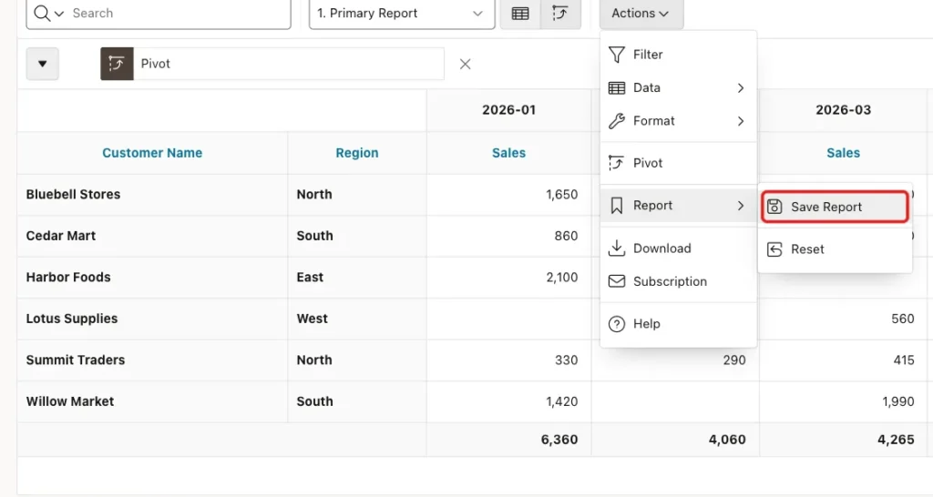 Actions menu with Report submenu open and Save Report marked with a red box