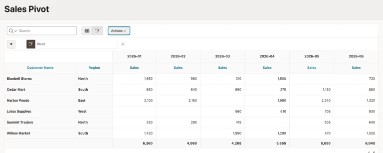 Pivoted report with customers as rows, months 2026-01 to 2026-06 as columns, Sales values and a totals row