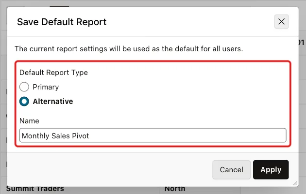 Save Default Report dialog with Default Report Type Alternative and Name Monthly Sales Pivot marked with a red box