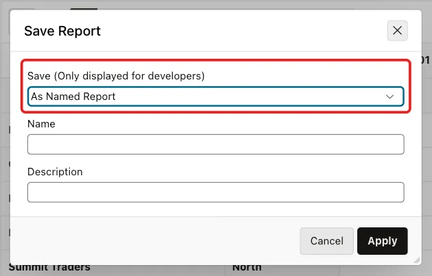 Save Report dialog with the Save list showing As Named Report marked with a red box
