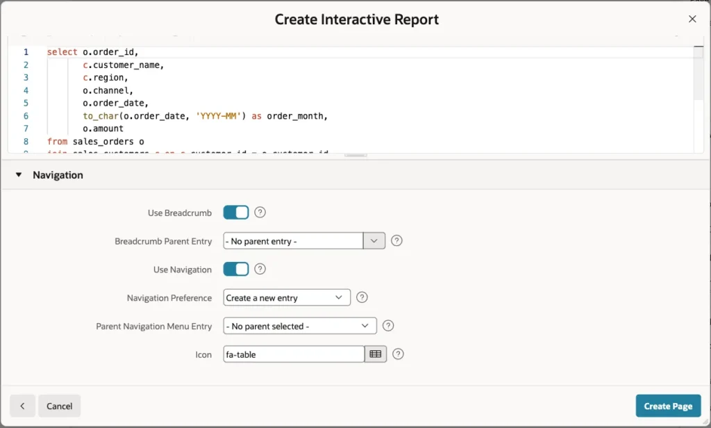 Navigation section with Use Breadcrumb on, Use Navigation on, Create a new entry and Icon fa-table