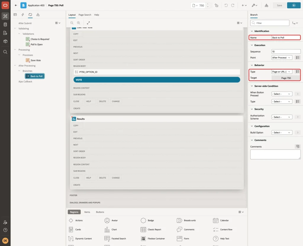 Branch Back to Poll with Name, Type Page or URL Redirect and Target Page 730 marked with red boxes