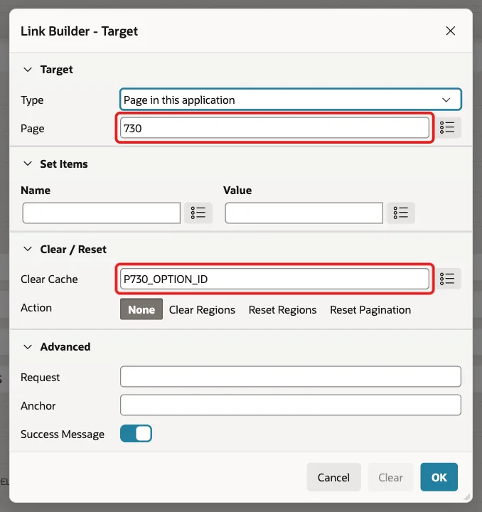 Link Builder Target dialog with Page 730 and Clear Cache P730_OPTION_ID marked with red boxes