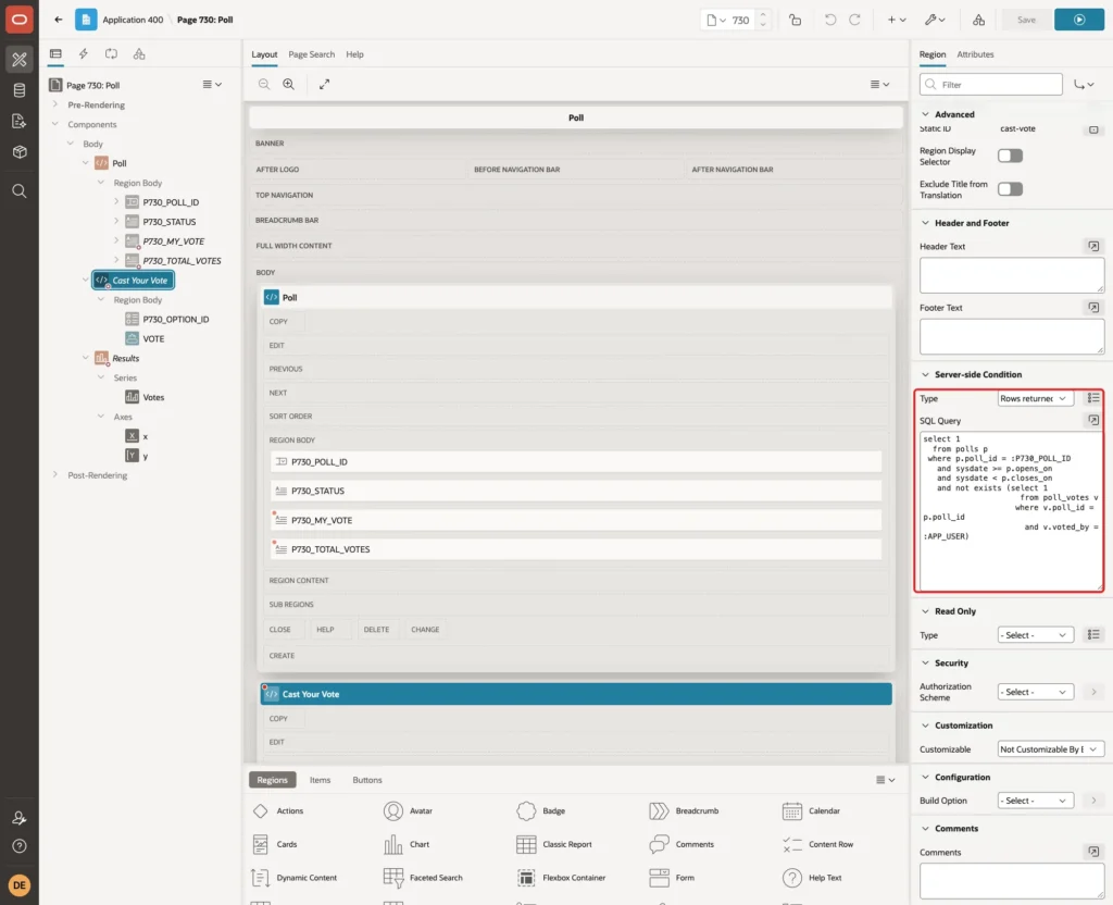 Server-side Condition Type Rows returned and the SQL Query marked with red boxes