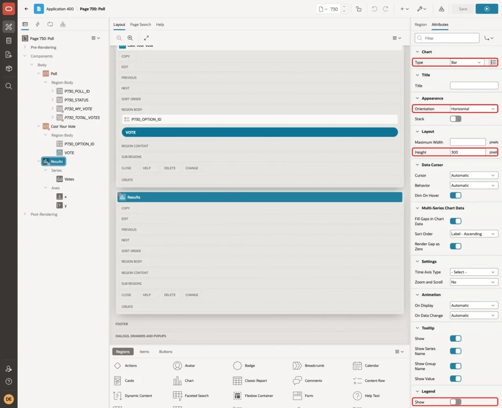 Chart attributes with Type Bar, Orientation Horizontal, Height 300 and Legend Show off marked with red boxes