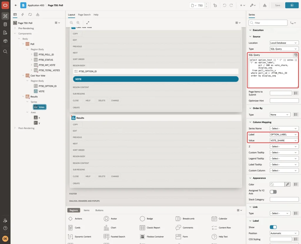 Series Votes with the SQL Query, Label OPTION_LABEL and Value VOTE_SHARE marked with red boxes