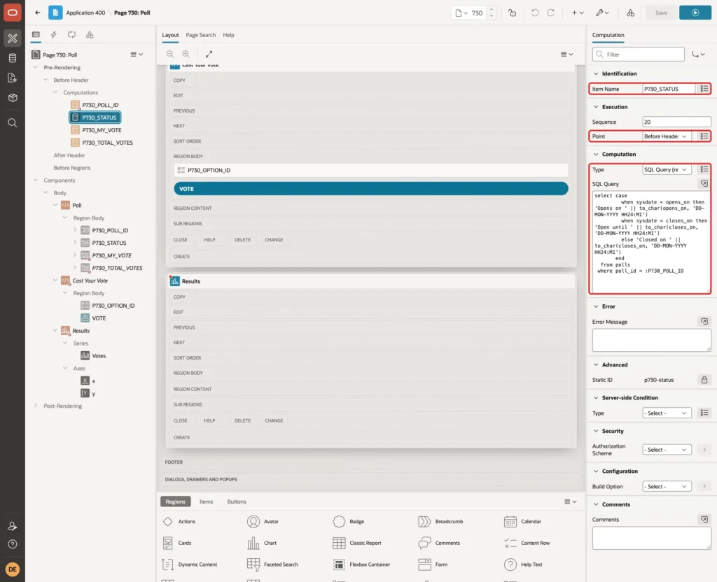 Computation for P730_STATUS at Before Header with Type SQL Query and the query marked with red boxes