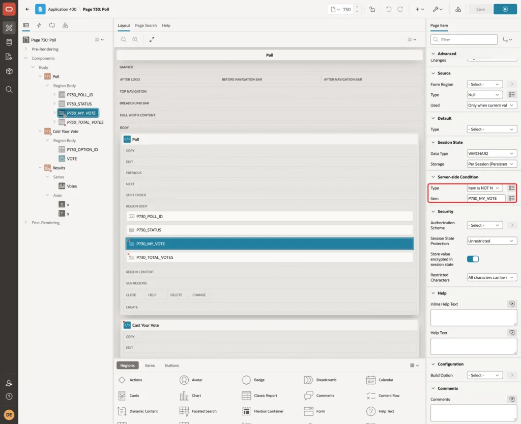 Server-side Condition Type Item is NOT NULL and Item P730_MY_VOTE marked with red boxes
