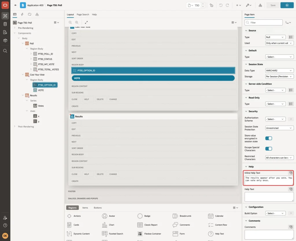 Page item P730_OPTION_ID with the Inline Help Text marked with a red box
