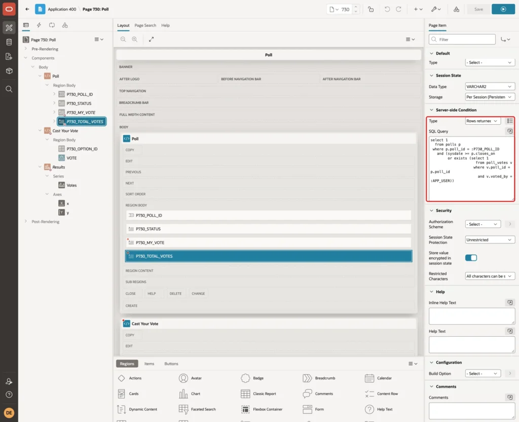 Server-side Condition Type Rows returned and the SQL Query marked with red boxes