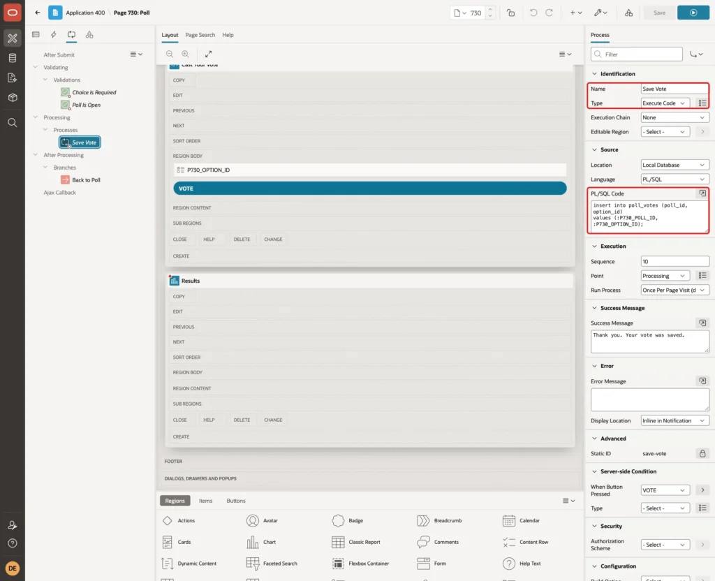 Process Save Vote with Type Execute Code and the PL/SQL Code marked with red boxes