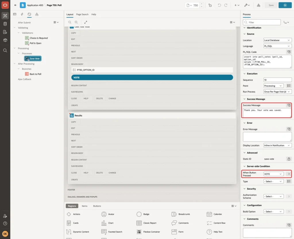 Process Save Vote with Success Message and When Button Pressed VOTE marked with red boxes