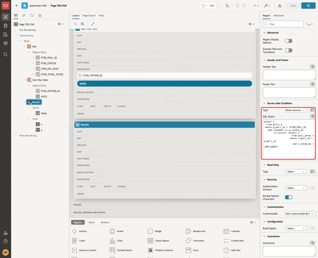 Server-side Condition Type Rows returned and the SQL Query marked with red boxes
