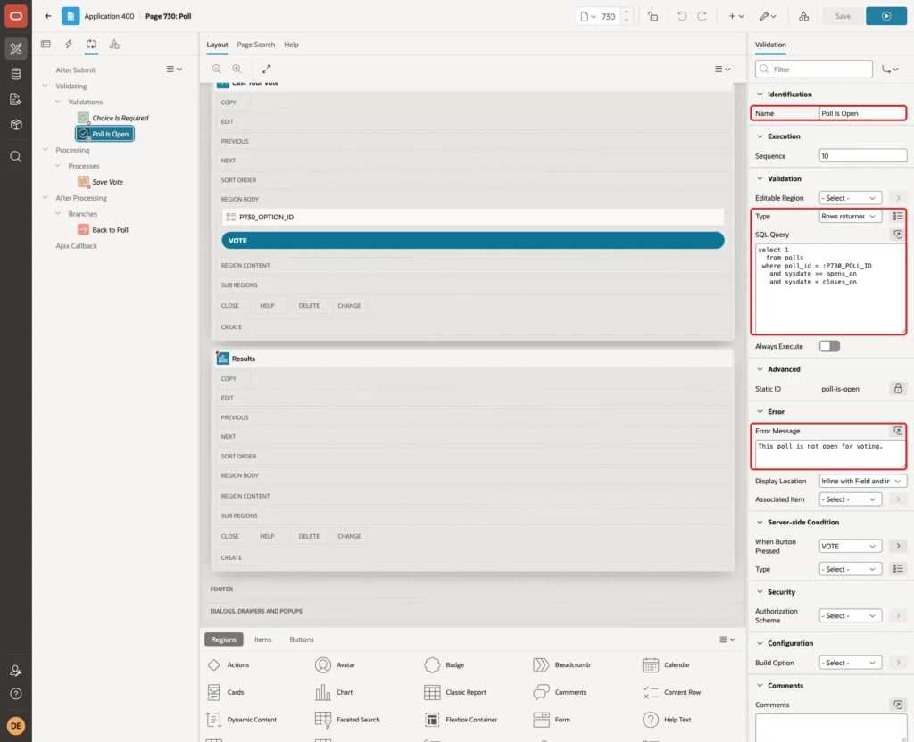 Validation Poll Is Open with Type Rows returned, the SQL Query and the Error Message marked with red boxes