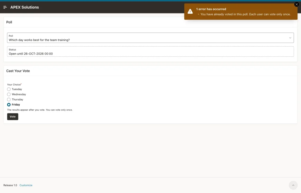 Poll page in the second tab with the error You have already voted in this poll. Each user can vote only once.