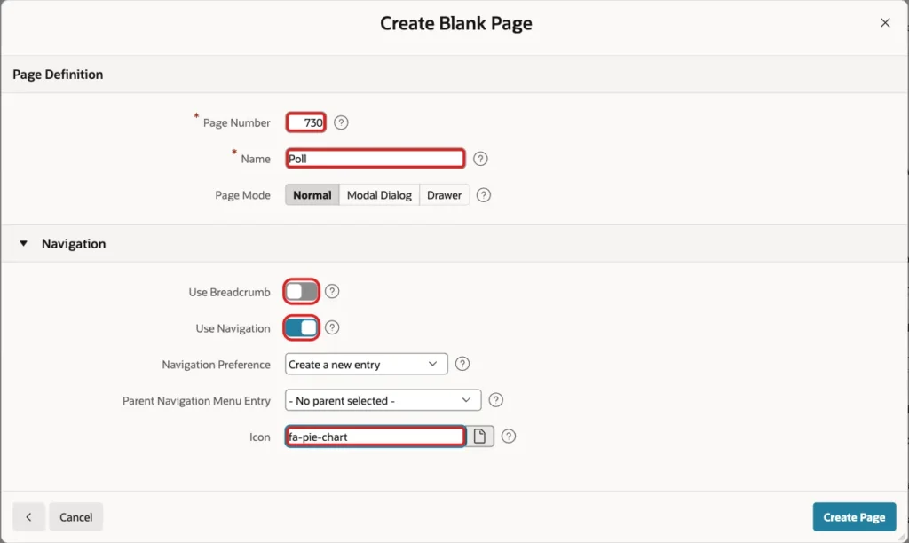 Create Blank Page screen with Page Number 730, Name Poll, Use Breadcrumb off, Use Navigation on and Icon fa-pie-chart marked with red boxes