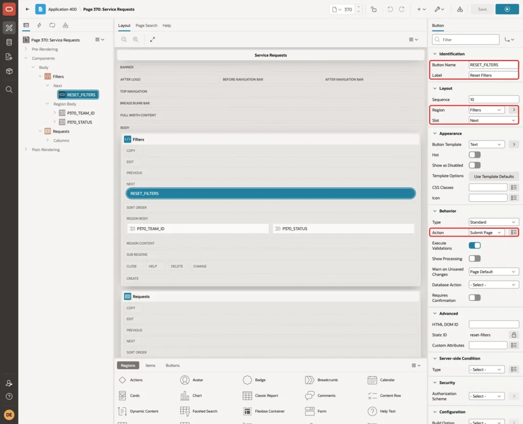 Property Editor of the RESET_FILTERS button with Button Name, Label, Region, Slot and Action marked with red boxes