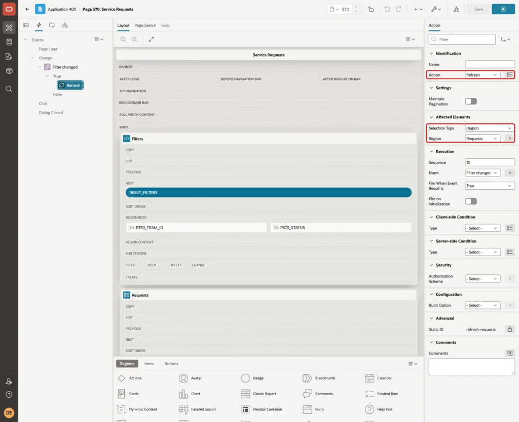 Refresh action with Action, Selection Type and Region marked with red boxes