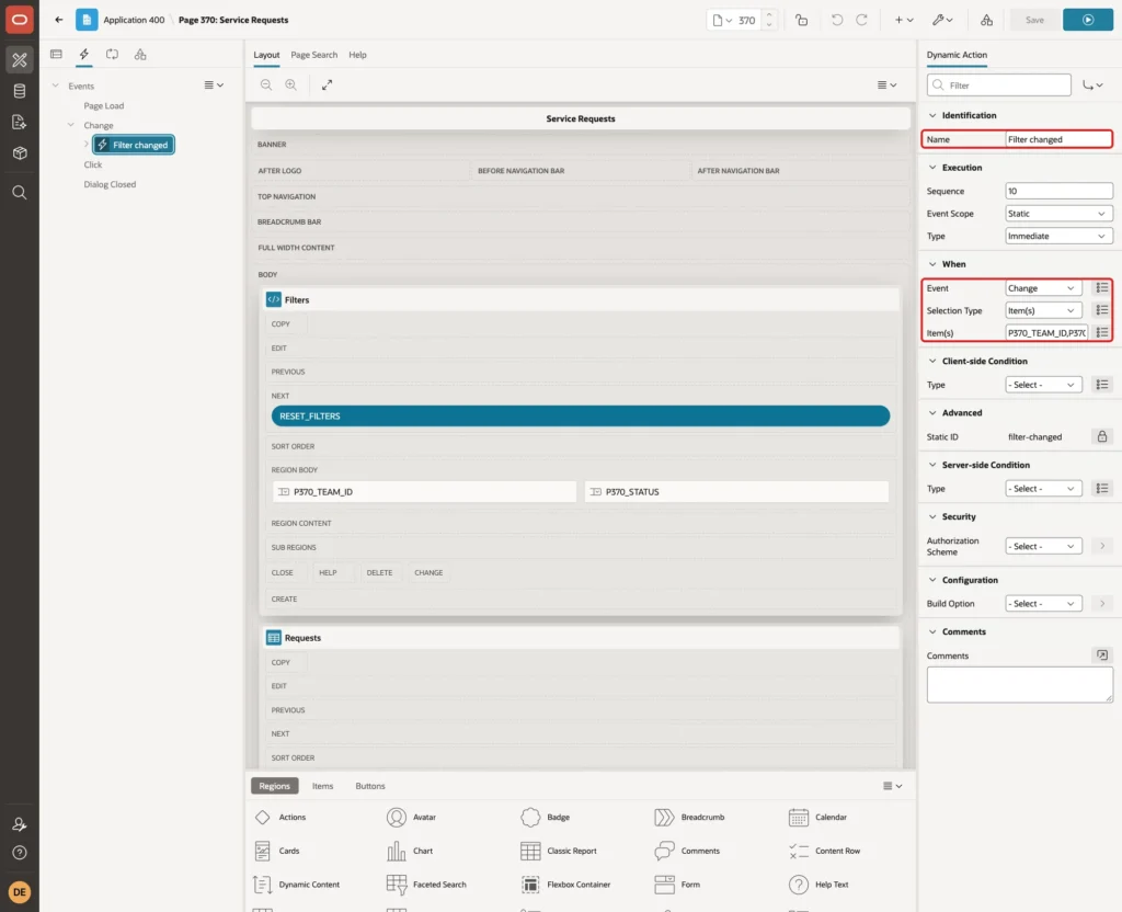 Dynamic action Filter changed with Name, Event, Selection Type and Item(s) marked with red boxes