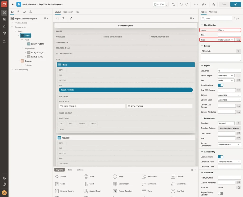 Page Designer with the Filters region selected and Name and Type marked with red boxes