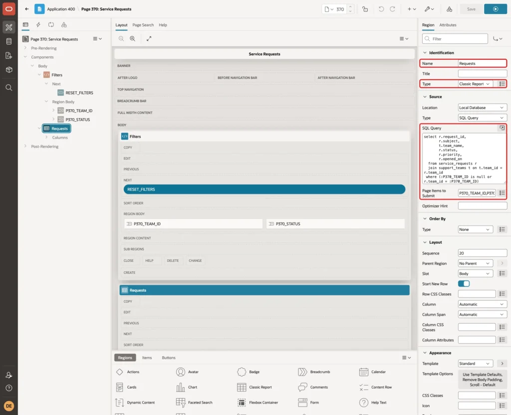 Property Editor of the Requests region with Name, Type, SQL Query and Page Items to Submit marked with red boxes