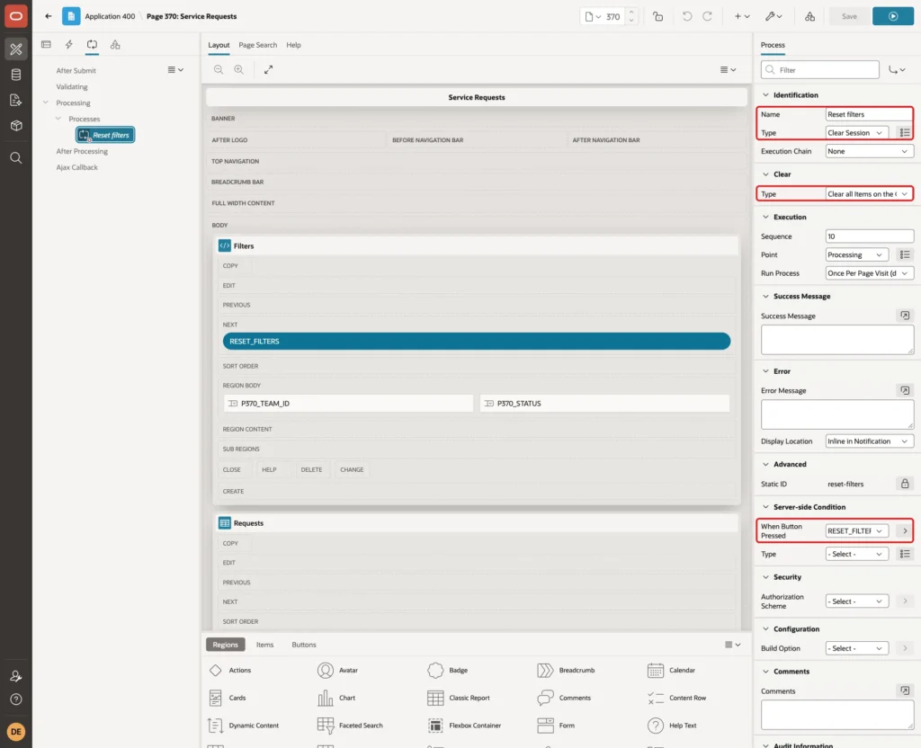 Process Reset filters with Name, Type, Clear Type and When Button Pressed marked with red boxes
