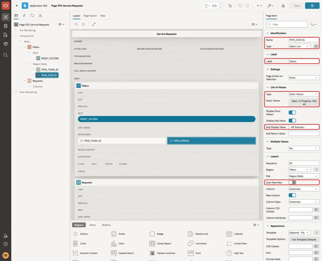 Property Editor of P370_STATUS with Name, Type, Label, Static Values, Null Display Value and Start New Row marked with red boxes