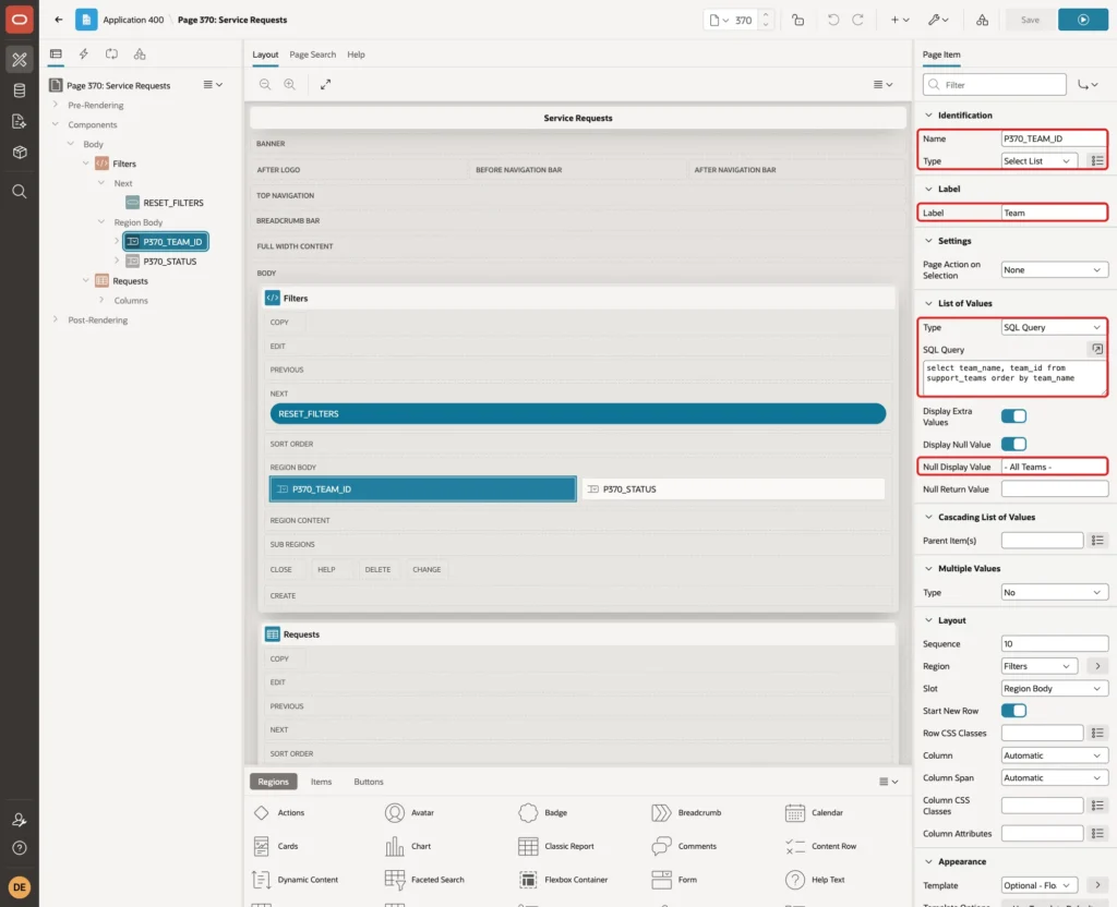 Property Editor of P370_TEAM_ID with Name, Type, Label, List of Values Type, SQL Query and Null Display Value marked with red boxes
