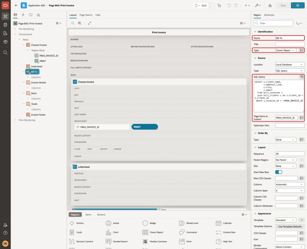 Bill To region with Name, Type Classic Report, SQL Query and Page Items to Submit marked with red boxes