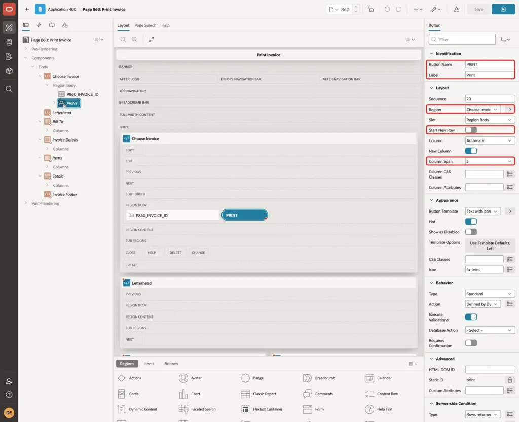 PRINT button with Button Name, Label, Region Choose Invoice, Start New Row off and Column Span 2 marked with red boxes