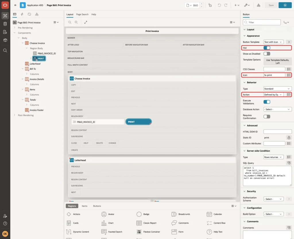 Appearance with Hot on and Icon fa-print, and Behavior Action Defined by Dynamic Action marked with red boxes