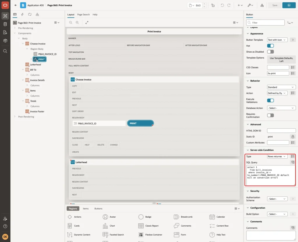 Server-side Condition with Type Rows returned and the invoice query marked with a red box