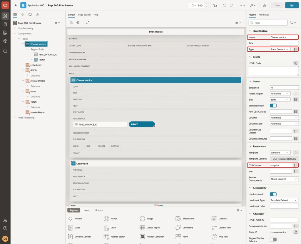 Choose Invoice region with Name, Type Static Content and CSS Classes no-print marked with red boxes