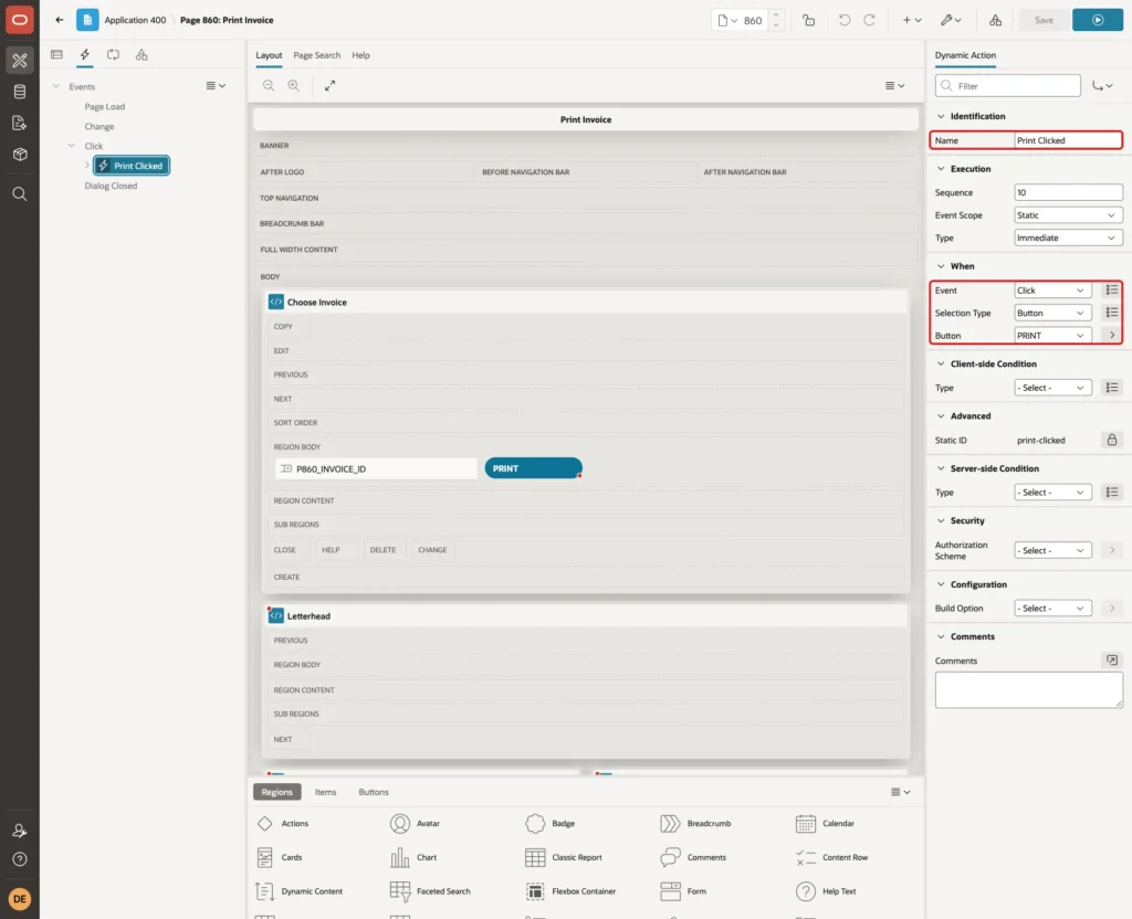 Dynamic action Print Clicked with Event Click, Selection Type Button and Button PRINT marked with red boxes