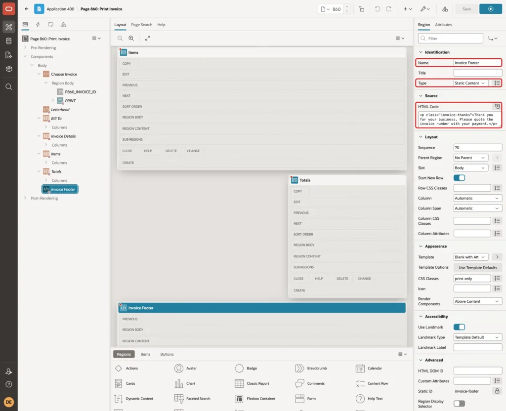 Invoice Footer region with Name, Type Static Content and the HTML Code marked with red boxes