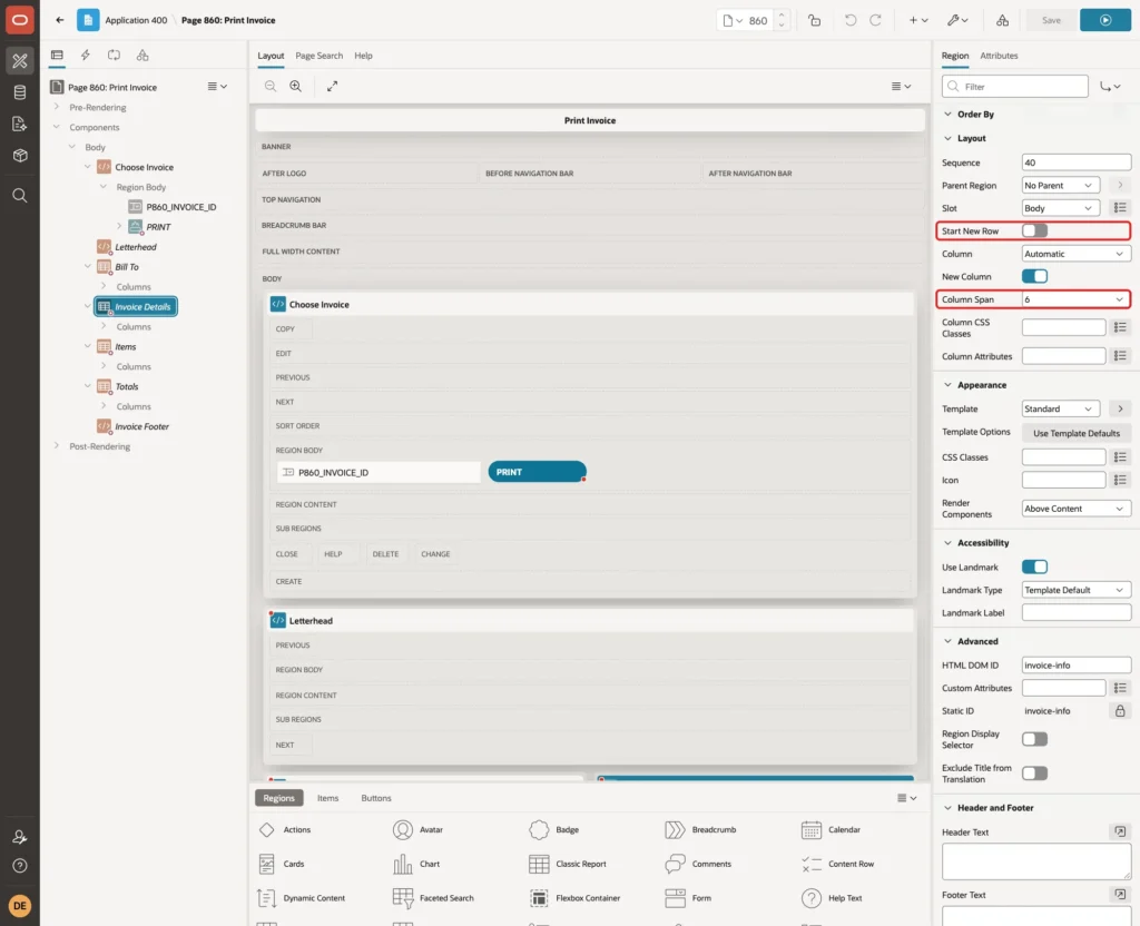 Invoice Details Layout with Start New Row off and Column Span 6 marked with red boxes