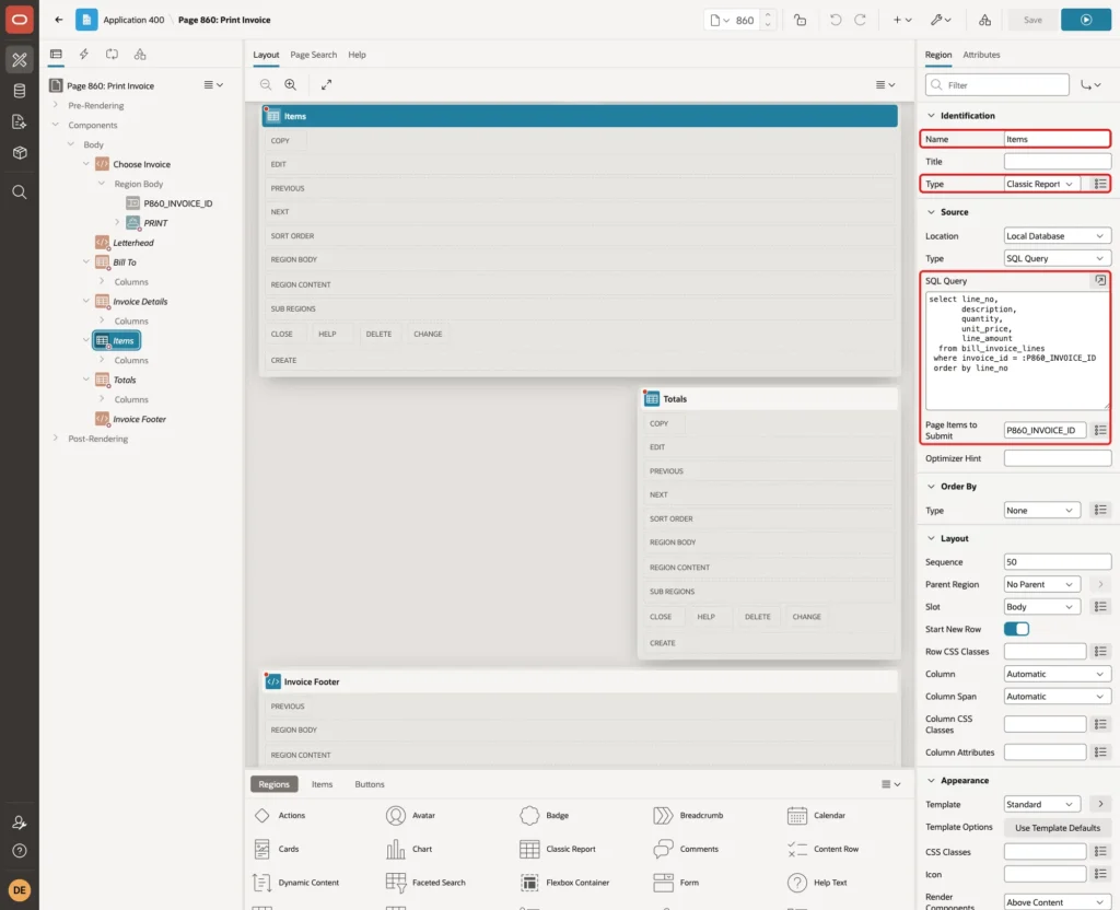 Items region with Name, Type Classic Report, SQL Query and Page Items to Submit marked with red boxes