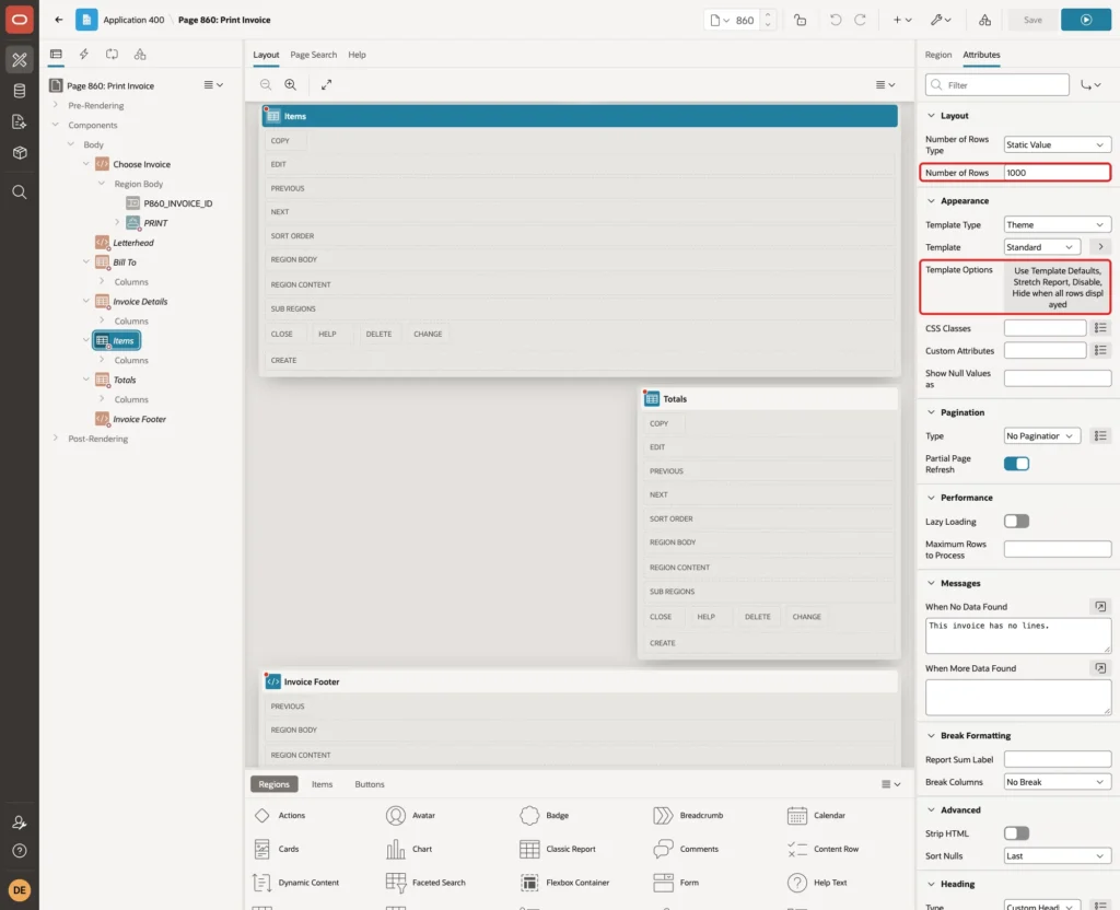 Items Attributes with Number of Rows 1000 and Template Options marked with red boxes