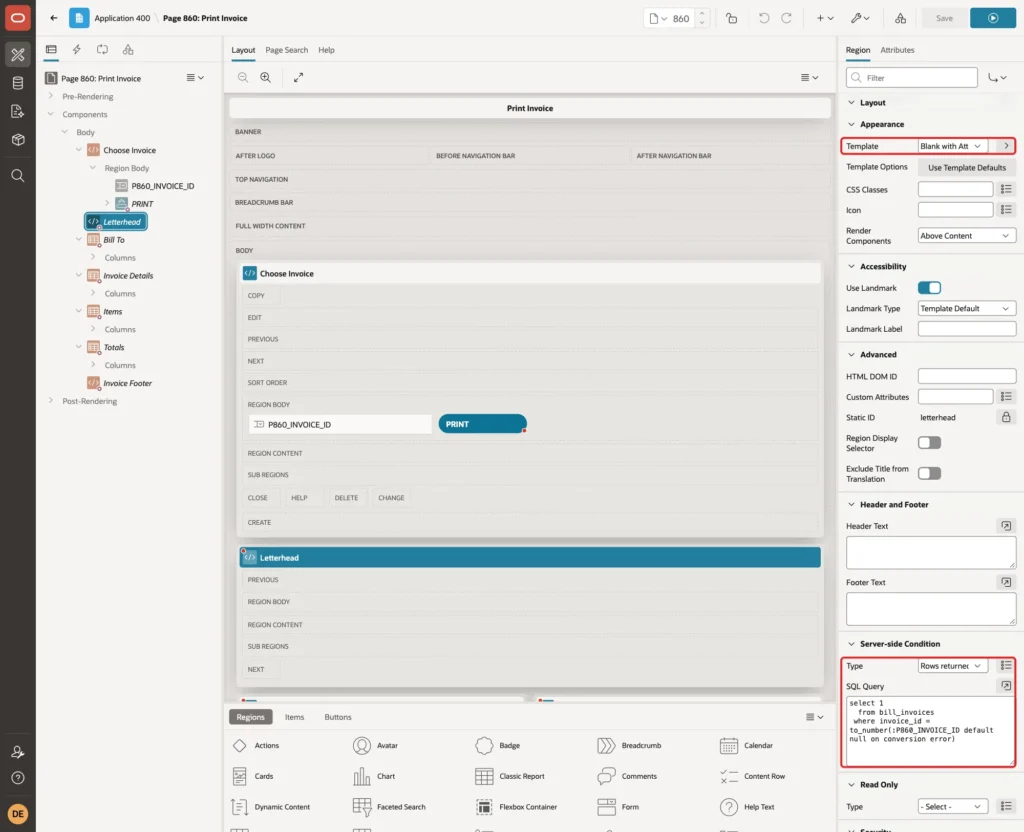 Template Blank with Attributes and Server-side Condition Rows returned with the invoice query marked with red boxes