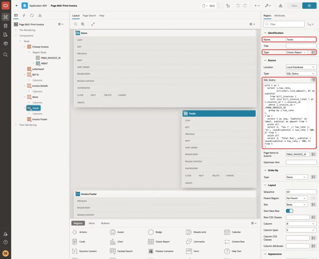Totals region with Name, Type Classic Report and the totals SQL Query marked with red boxes